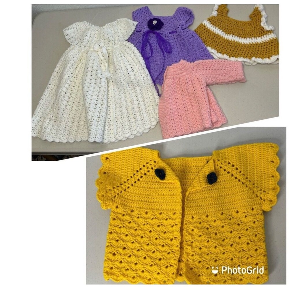 Lot Of 5 Handmade Knit Girls Clothes Crochet Sweater Dress Cardigan Purple Pink